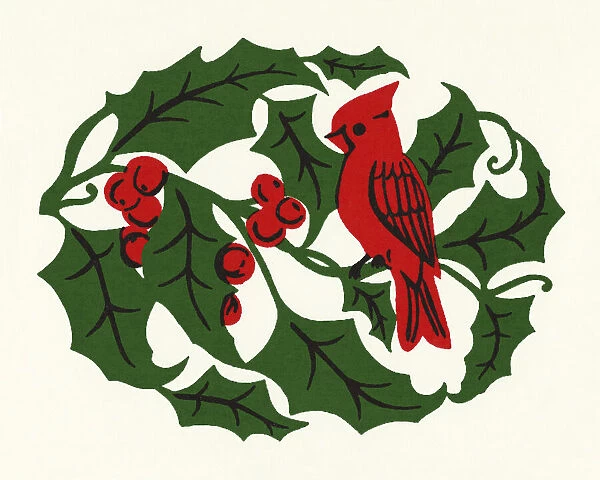 Holly Berries, Leaves, and a Cardinal