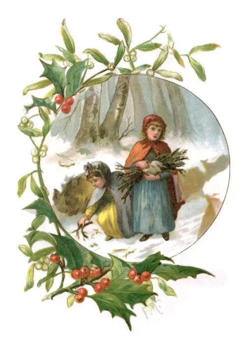 Framed Print : Holly and mistletoe frame with two Victorian girls collecting firewood Framed Print : Holly and mistletoe frame with two Victorian girls collecting firewood