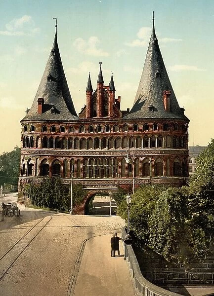 The Holsten Gate in Luebeck, Schleswig-Holstein, Germany, Historical, Photochrome print from the 1890s