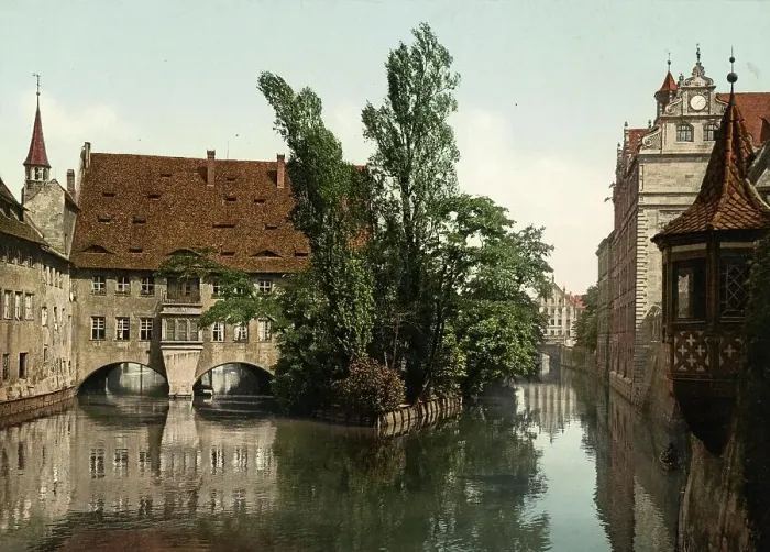Framed Print : The Holy Spirit Hospital, Heilig-Geist-Haus, in the Pegnitz in Nuremberg, Bavaria, c. 1890, Germany, Historic, digitally restored reproduction from a 19th century original Framed Print : The Holy Spirit Hospital, Heilig-Geist-Haus, in the Pegnitz in Nuremberg, Bavaria, c. 1890, Germany, Historic, digitally restored reproduction from a 19th century original