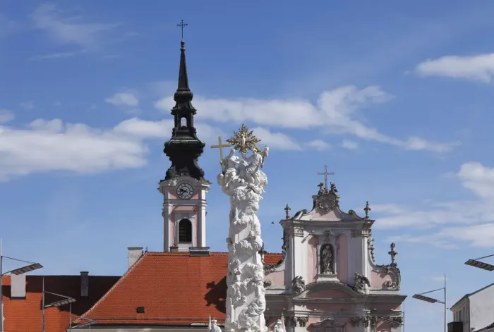 Framed Print : Holy Trinity column and Franciscan Church, Rathausplatz square, St. Poelten, Mostviertel, Must Quarter, Lower Austria, Austria, Europe, PublicGround
