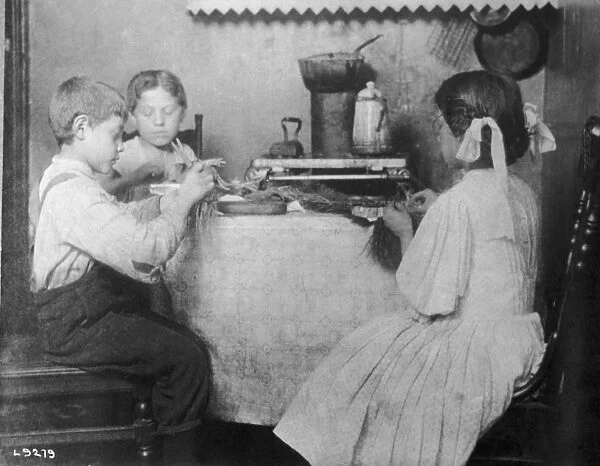 Home Work. Children at work making willow plumes, circa 1900