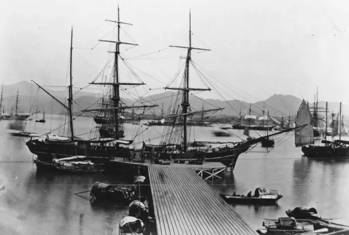 Framed Print : Hong Kong. circa 1860: A sailing ship docked at a jetty in Hong Kong harbour Framed Print : Hong Kong. circa 1860: A sailing ship docked at a jetty in Hong Kong harbour