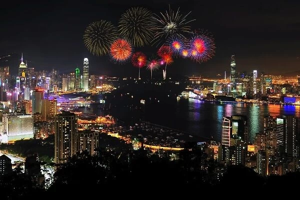Hong kong city with firework