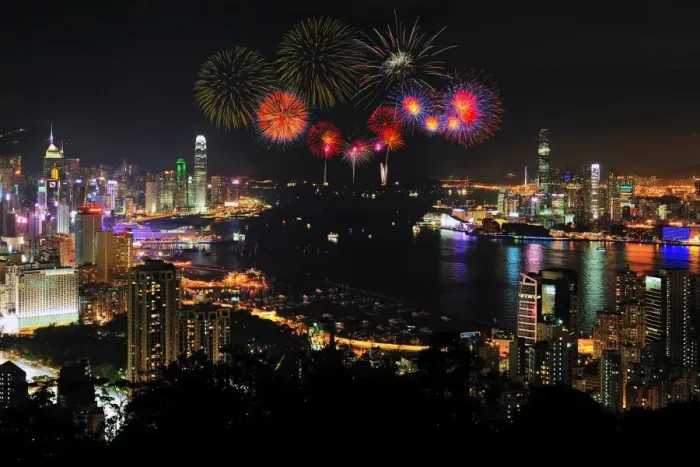Framed Print : Hong kong city with firework Framed Print : Hong kong city with firework