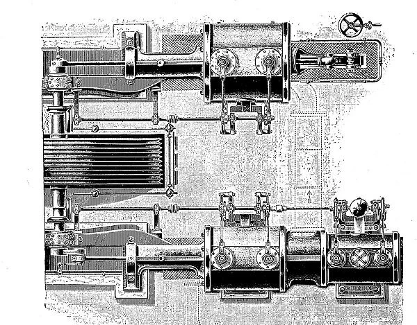 Horizontal triple-expansion steam engine with Elsner control from the Goerlitz machine factory, digitally restored reproduction of an original from the 19th century, Germany