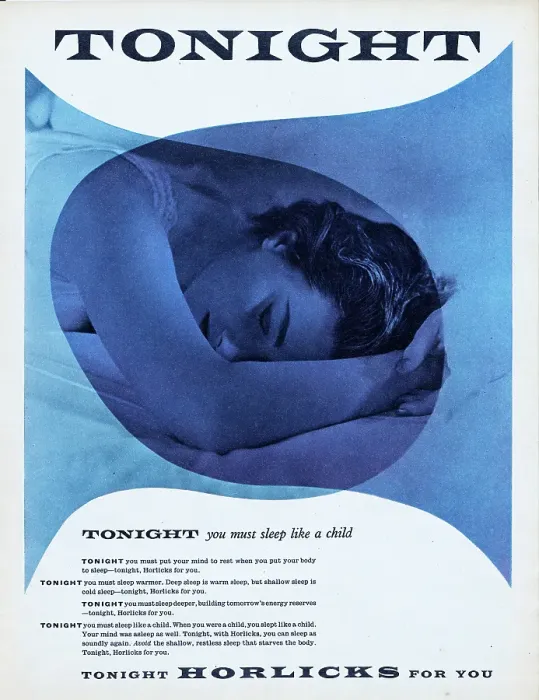 Framed Print : Horlicks. 1957: Tonight you must sleep like a child reads the caption as