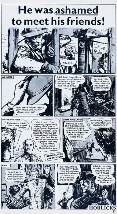 Framed Print : Horlicks. 1956: Advertisement for Horlicks featuring a storyboard showing Framed Print : Horlicks. 1956: Advertisement for Horlicks featuring a storyboard showing