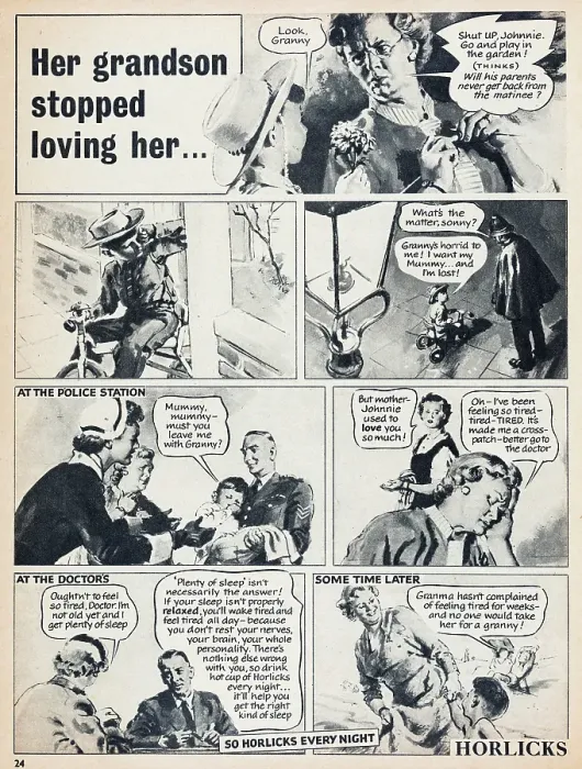 Framed Print : Horlicks. 1956: Storyboard format advertisement for Horlicks hot malt drink Framed Print : Horlicks. 1956: Storyboard format advertisement for Horlicks hot malt drink