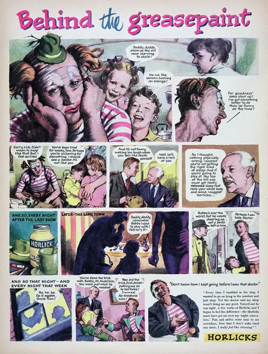 Framed Print : Horlicks. 1955: A storyboard format advertisement for the Horlicks malted Framed Print : Horlicks. 1955: A storyboard format advertisement for the Horlicks malted