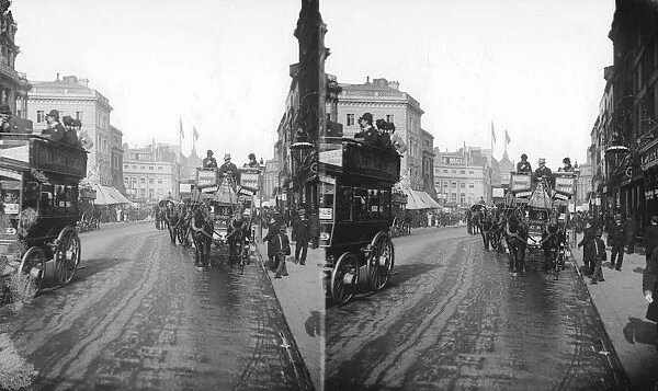 Horse Bus. A horsedrawn open-topped omnibus near Oxford Circus, London, circa 1900