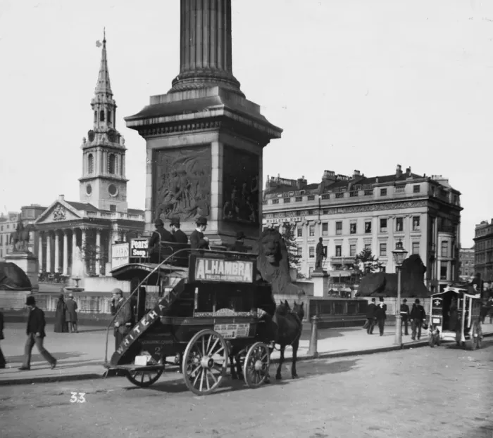 Framed Print : Horse Bus. circa 1900: A London Knifeboard horse bus in Trafalgar Square, London Framed Print : Horse Bus. circa 1900: A London Knifeboard horse bus in Trafalgar Square, London