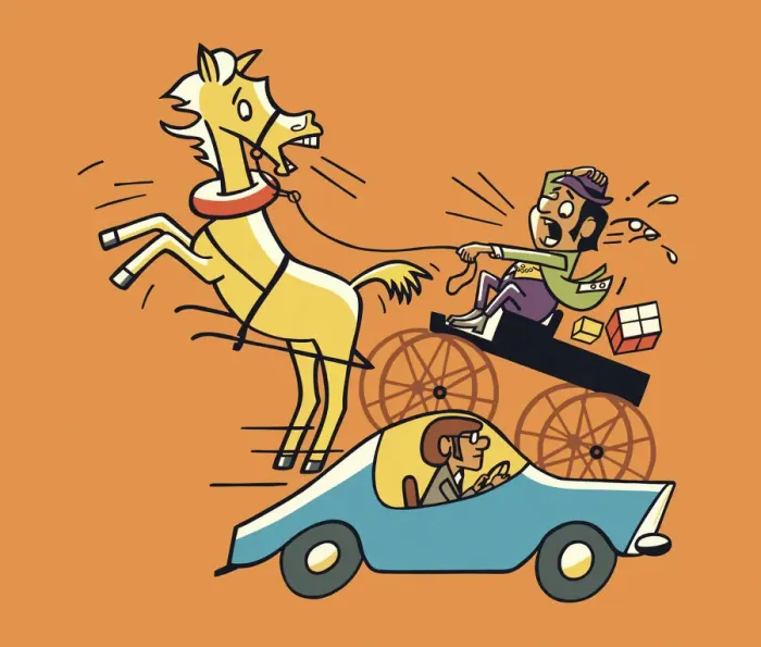 Framed Print : Horse and Carriage Next to a Car Framed Print : Horse and Carriage Next to a Car