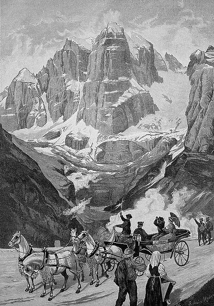Horse-drawn carriage on the road to Madonna die Campiglio, view of the Cima Tosa, Brenta Group in the Southern Calcareous Alps of the Province of Trento, Italy, Historic, digital reproduction of an original 19th-century painting