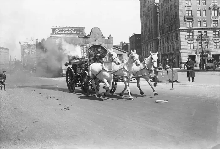 Framed Print : Horse-Drawn Fire Engine Going Down Broadway Framed Print : Horse-Drawn Fire Engine Going Down Broadway
