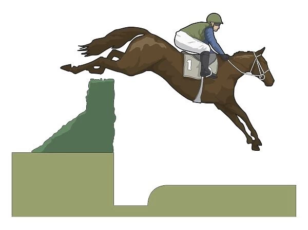 Horse racer jumping over fence