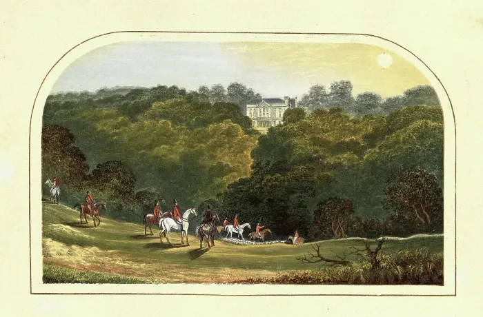Framed Print : Horse riding, fox hunting, English woodland, Country house, England, 1880s, 19th Century Framed Print : Horse riding, fox hunting, English woodland, Country house, England, 1880s, 19th Century