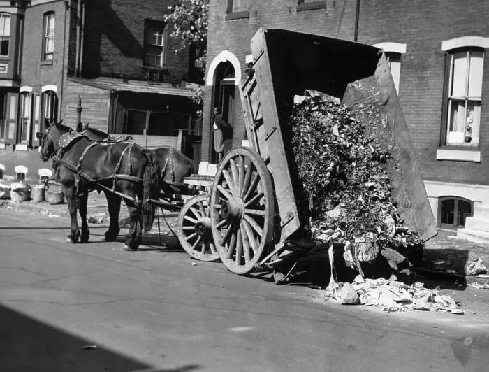 Framed Print : Horsedrawn Trash Cart Dumping In Street Framed Print : Horsedrawn Trash Cart Dumping In Street