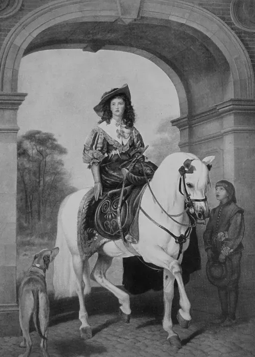 Framed Print : The Horsewoman, distinguished lady riding through the city gate in a lady's seat on a white horse, after a painting by J. E. Millais and Landseer, 1880, Germany, Historic, digital reproduction of a 19th century original, original date not known