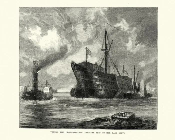 Framed Print : Hospital ship Dreadnought, formaly HMS Caledonia, towed to the breakers yard, 1872, 19th Century Framed Print : Hospital ship Dreadnought, formaly HMS Caledonia, towed to the breakers yard, 1872, 19th Century