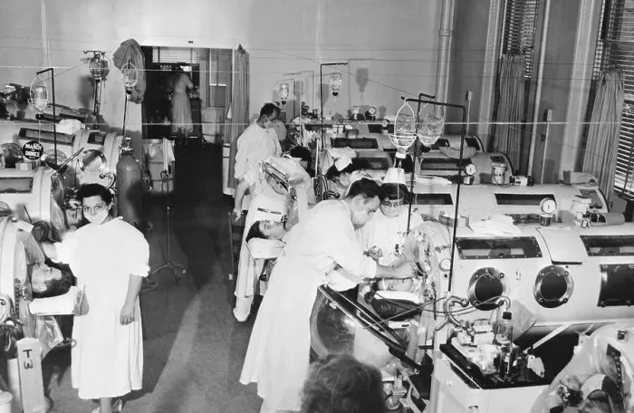 Framed Print : Hospital Workers in Room with Iron Lungs Framed Print : Hospital Workers in Room with Iron Lungs