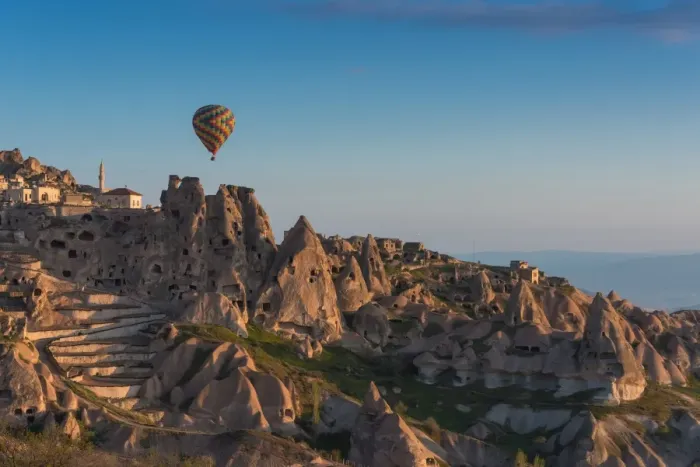 Framed Print : Hot air balloon over cappadocia rock landscape Framed Print : Hot air balloon over cappadocia rock landscape