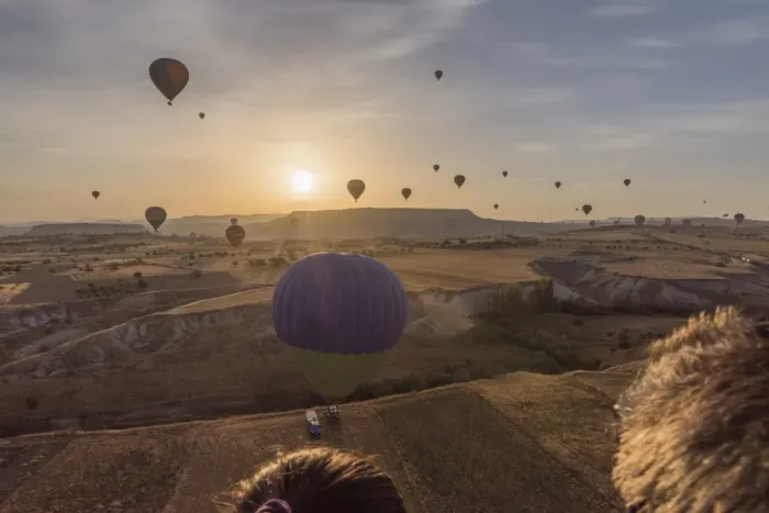 Framed Print : Hot air balloon flying over Cappadocia at morning