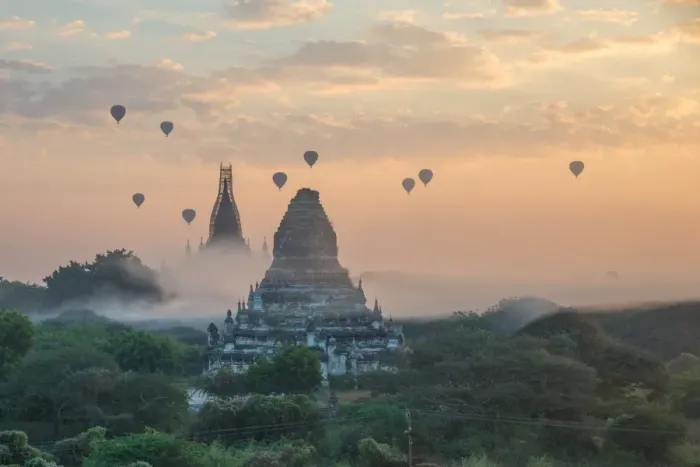 Framed Print : Hot air balloon in the morning fog at bagan myanmar Framed Print : Hot air balloon in the morning fog at bagan myanmar