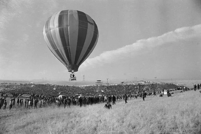 Framed Print : Hot Air Balloon Rising Over Crowd at Altamont Music Festival