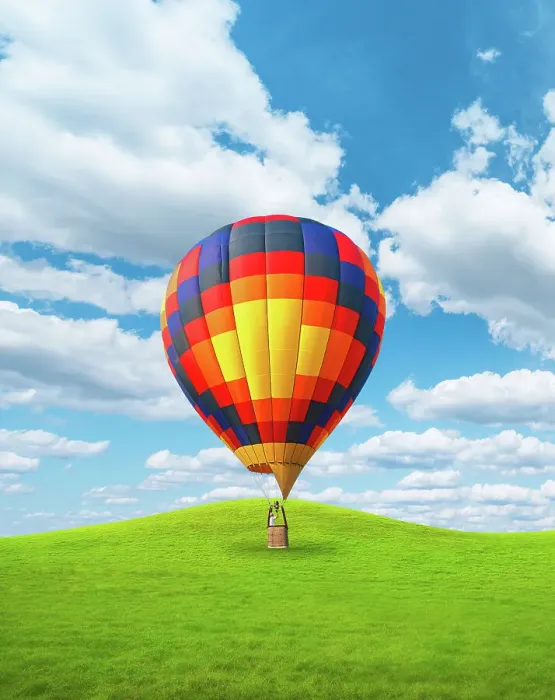 Framed Print : Hot Air Balloon Vertical Landed On Grassy Hills Framed Print : Hot Air Balloon Vertical Landed On Grassy Hills