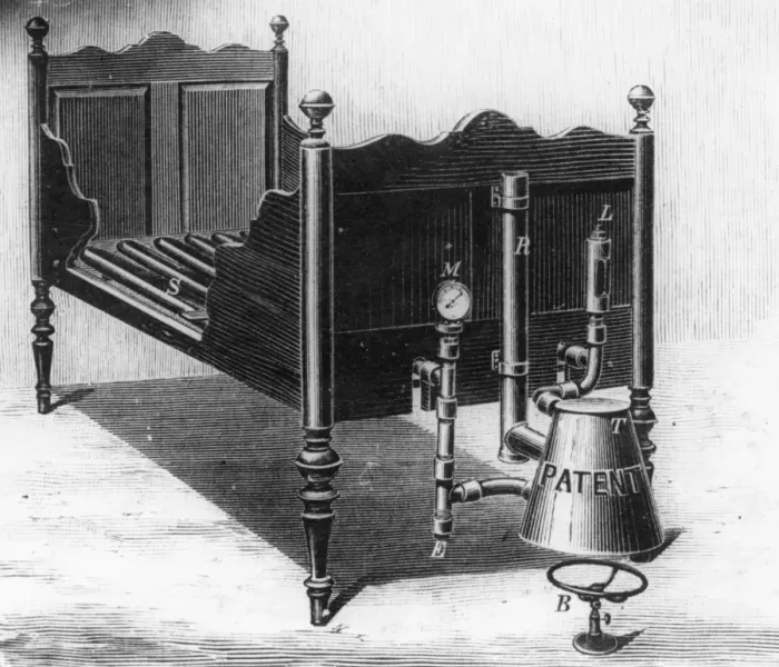 Framed Print : Hot Bed. circa 1830: The sweat bed, with its own built in hot water pipes