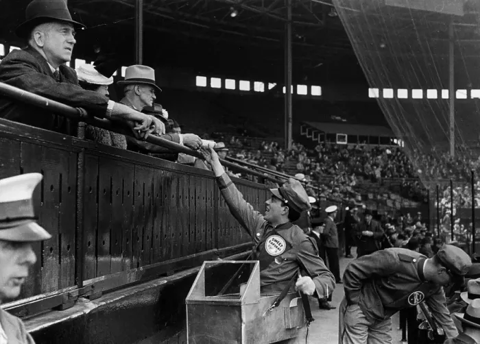 Framed Print : Hot Dog. 1939: A hot dog seller at a Canadian baseball game