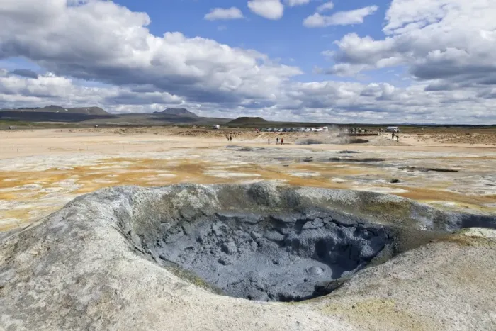 Framed Print : Hot mud spring, Hveraroend geothermal area at the foot of the Namafjall volcano, Myvatn, Iceland, Europe