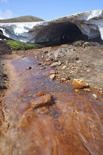 Hot red stream in a volcanic landscape, Eyjafjallajoekull, Iceland, Europe