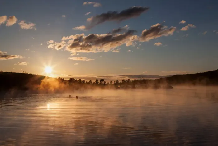 Framed Print : Hot spring, bathing in thermal lake, evening light, near Husavik, Iceland