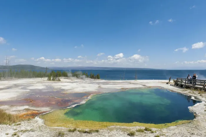 Framed Print : Hot spring, clear water, Abyss Pool, West Thumb, in front of Yellowstone Lake, Yellowstone National Park, Wyoming, USA Framed Print : Hot spring, clear water, Abyss Pool, West Thumb, in front of Yellowstone Lake, Yellowstone National Park, Wyoming, USA