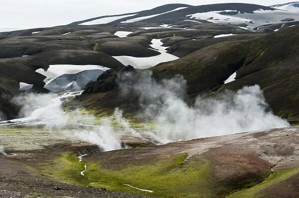 Hot springs, steam, traces of snow, geothermal area of Storihver, Laugavegur trekking route, Landmannalaugar, Highlands, Sudurland, Iceland