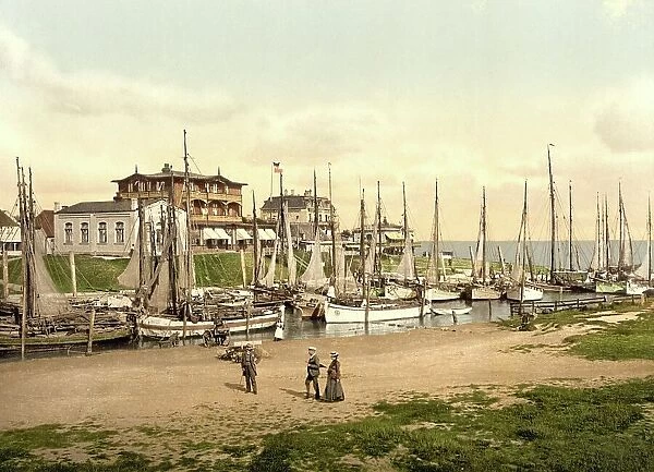 Hotels and inner harbour of Buesum, Schleswig-Holstein, Germany, Historic, digitally restored reproduction of a photochrome print from the 1890s