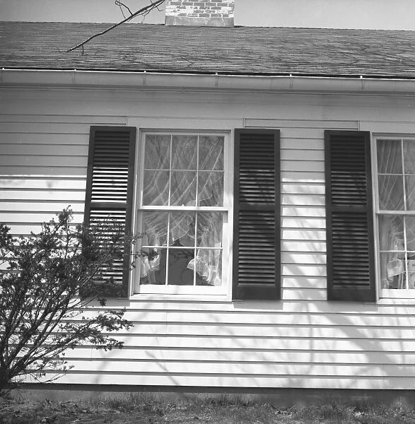 House exterior with shuttered windows, section (B&W)