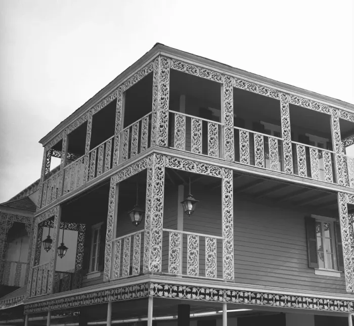 Framed Print : House with open worked balustrade, (B&W) Framed Print : House with open worked balustrade, (B&W)