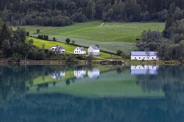 Houses on Lake Oldevatnet, Stryn, Sogn og Fjordane, Norway