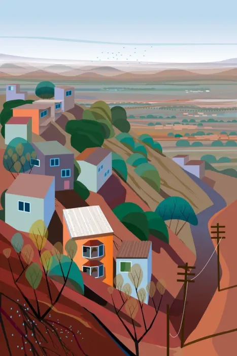 Framed Print : Houses and natural landscape on a Mountain Illustration Framed Print : Houses and natural landscape on a Mountain Illustration
