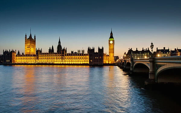 Houses of Parliament lit up at dusk