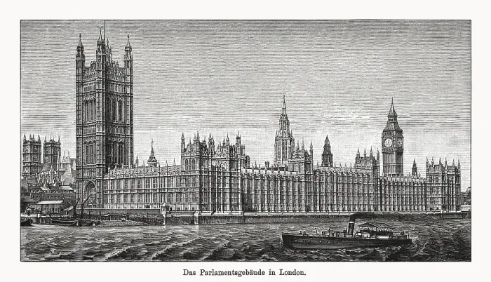 Framed Print : Houses of Parliament in London, England, UK, woodcut, published 1894 Framed Print : Houses of Parliament in London, England, UK, woodcut, published 1894