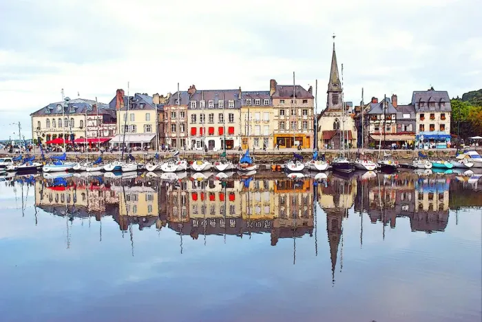 Framed Print : Houses reflection in river, Honfleur