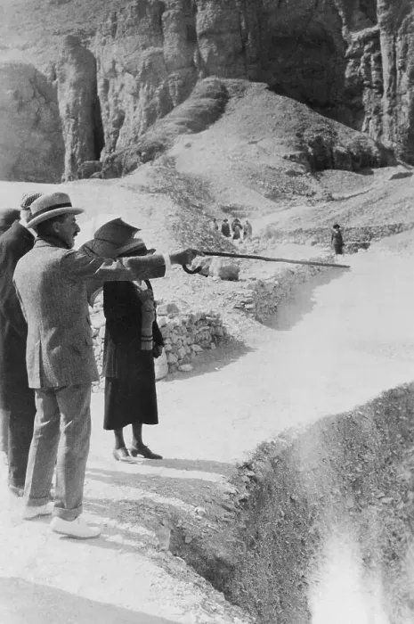 Framed Print : Howard Carter Pointing to Egyptian Tomb Area