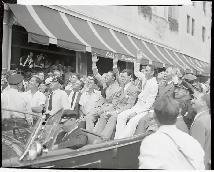 Framed Print : Howard Hughes and World Flight Crew Waving to Crowd Framed Print : Howard Hughes and World Flight Crew Waving to Crowd