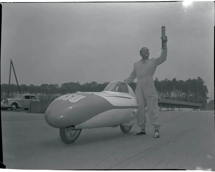 Framed Print : H.P. Mueller with Aerodynamic Vehicle Framed Print : H.P. Mueller with Aerodynamic Vehicle