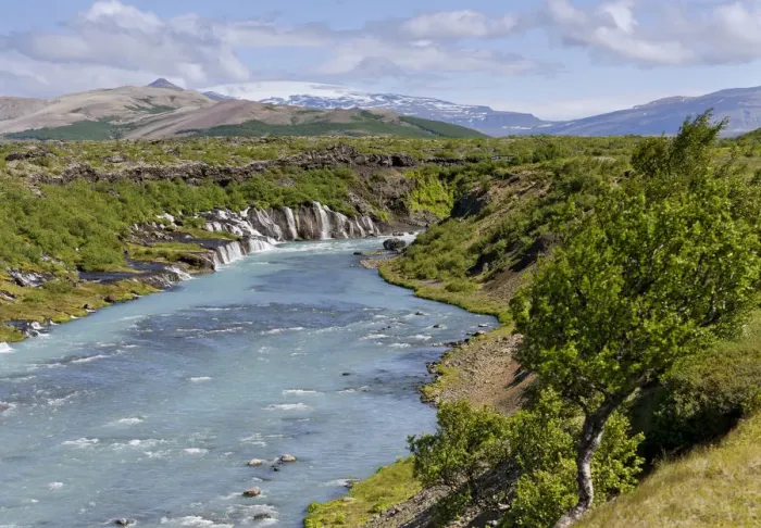 Framed Print : Hraunfossar, Ok Glacier at back, Husarfell, Iceland, Europe Framed Print : Hraunfossar, Ok Glacier at back, Husarfell, Iceland, Europe