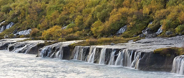 Hraunfossar, waterfalls of the Hvita river in autumn, near Husafell and Reykholt, Iceland